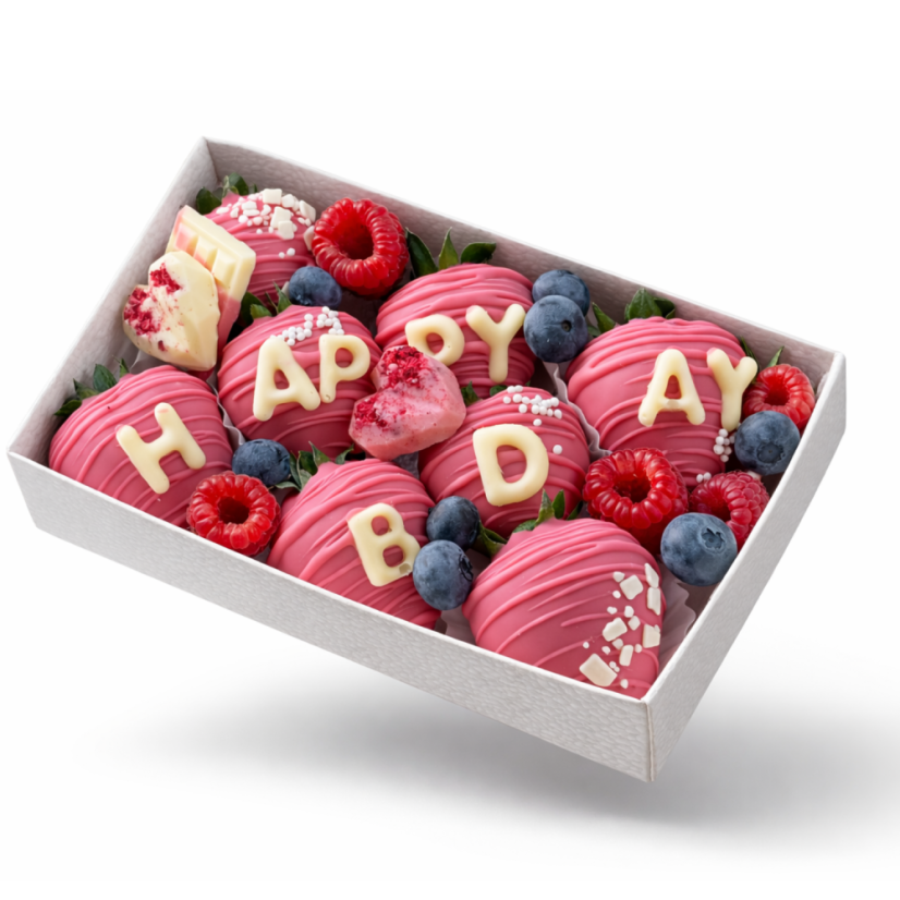 Krabice „Happy bday“ - Krabice velikost: S 6-8 jahod