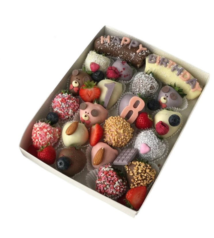 Krabice „Všechno nejlepší“ - Krabice "Happy birthday": Velká krabice z 12- 16 jahod a 2  banánu v čokoládě