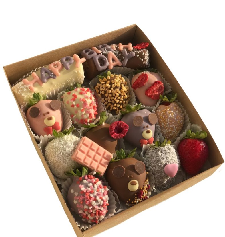 Krabice „Všechno nejlepší“ - Krabice "Happy birthday": Malá krabice z 8- 12 jahod a 2  banánu v čokoládě